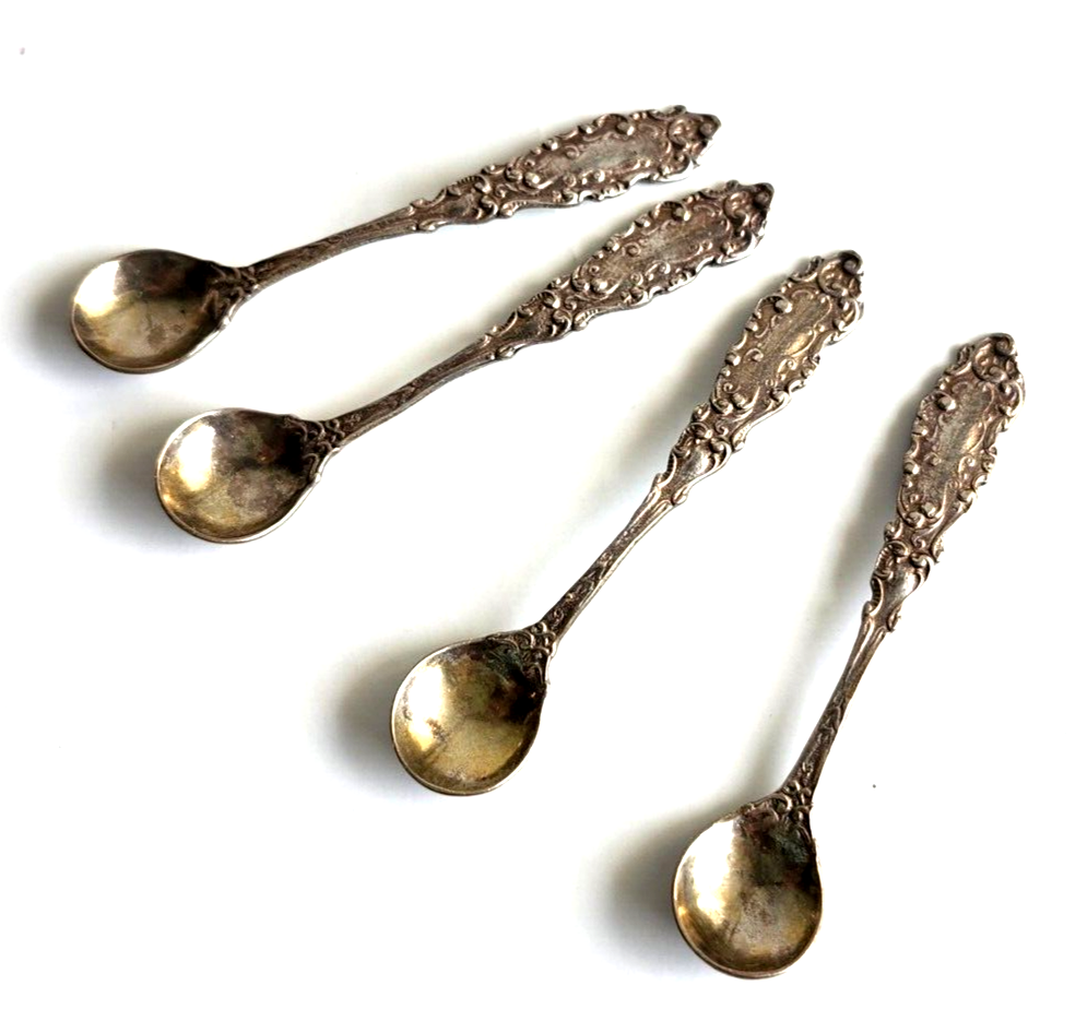 4 Antique Webster Sterling Silver & Cobalt Blue Open Salt Cellars w/ Spoons image 6