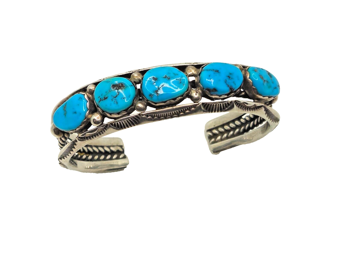 Native American Navajo 5 Turquoise & Sterling Silver Cuff Bracelet Signed image 0