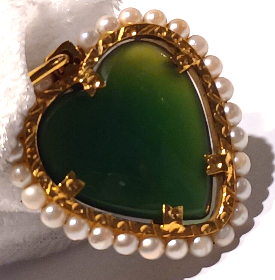 Imperial Jade Jadite Heart 18K Yellow Gold & Pearl Pendant image 5