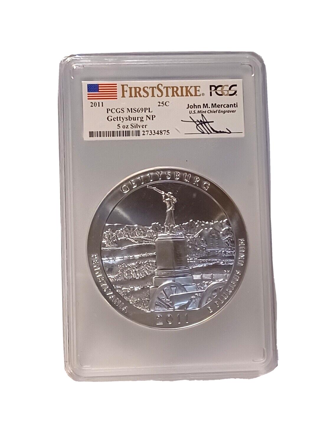 2011 Gettysburg 5 Oz. SILVER PCGS MS69DMPL FIRST STRIKE  Signed Mercanti image 0