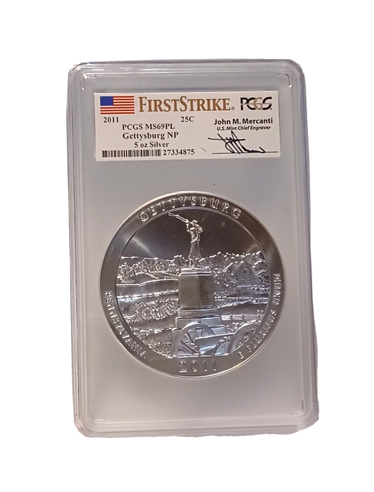 2011 Gettysburg 5 Oz. SILVER PCGS MS69DMPL FIRST STRIKE  Signed Mercanti image 0