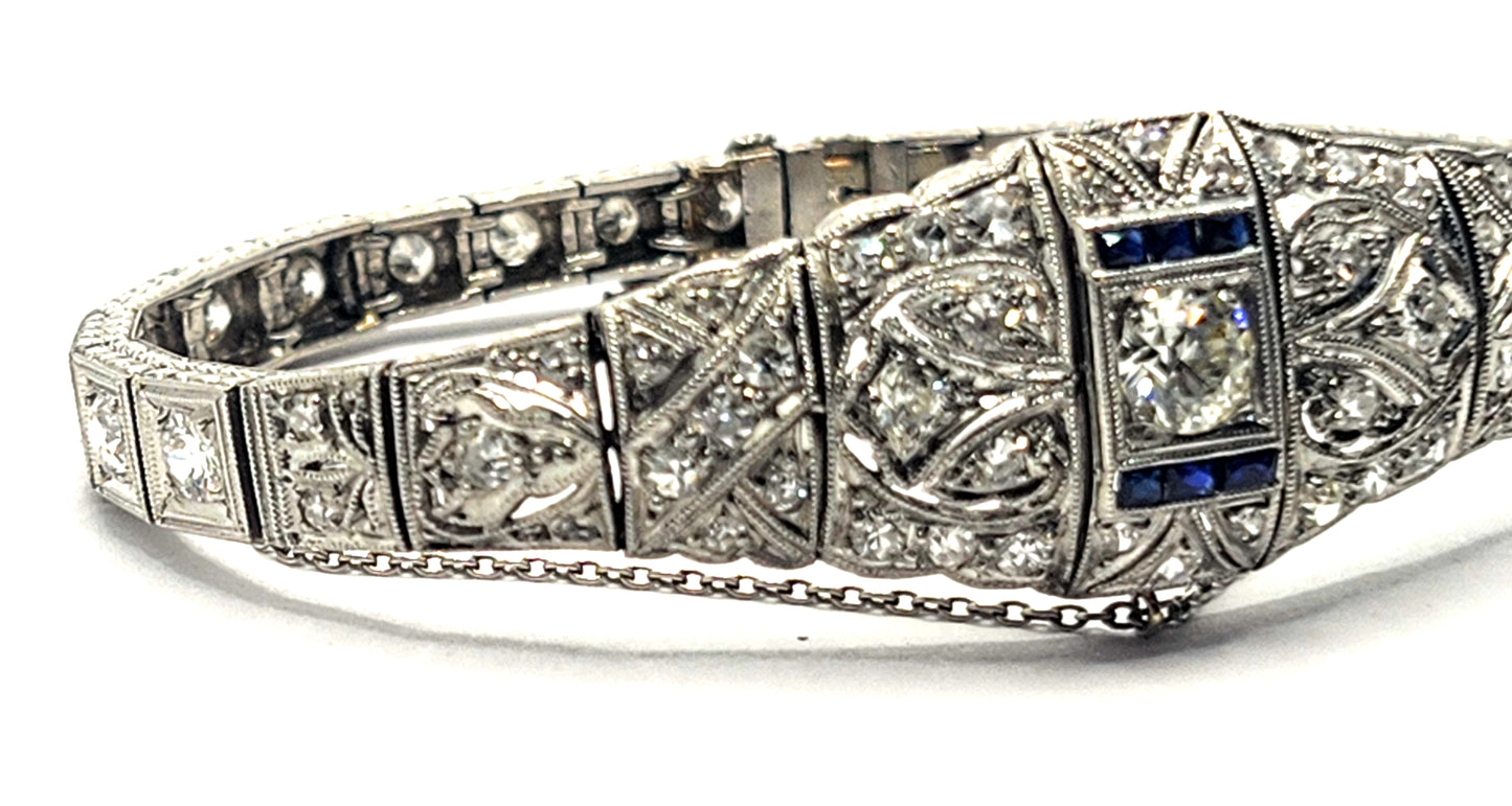 Antique Art Deco Filigree Platinum 3ct Diamond & Sapphire Bracelet image 4