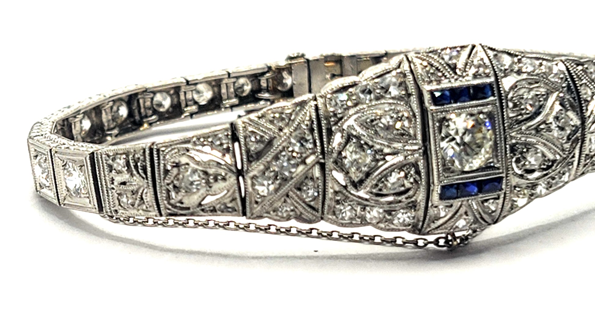 Antique Art Deco Filigree Platinum 3ct Diamond & Sapphire Bracelet image 4