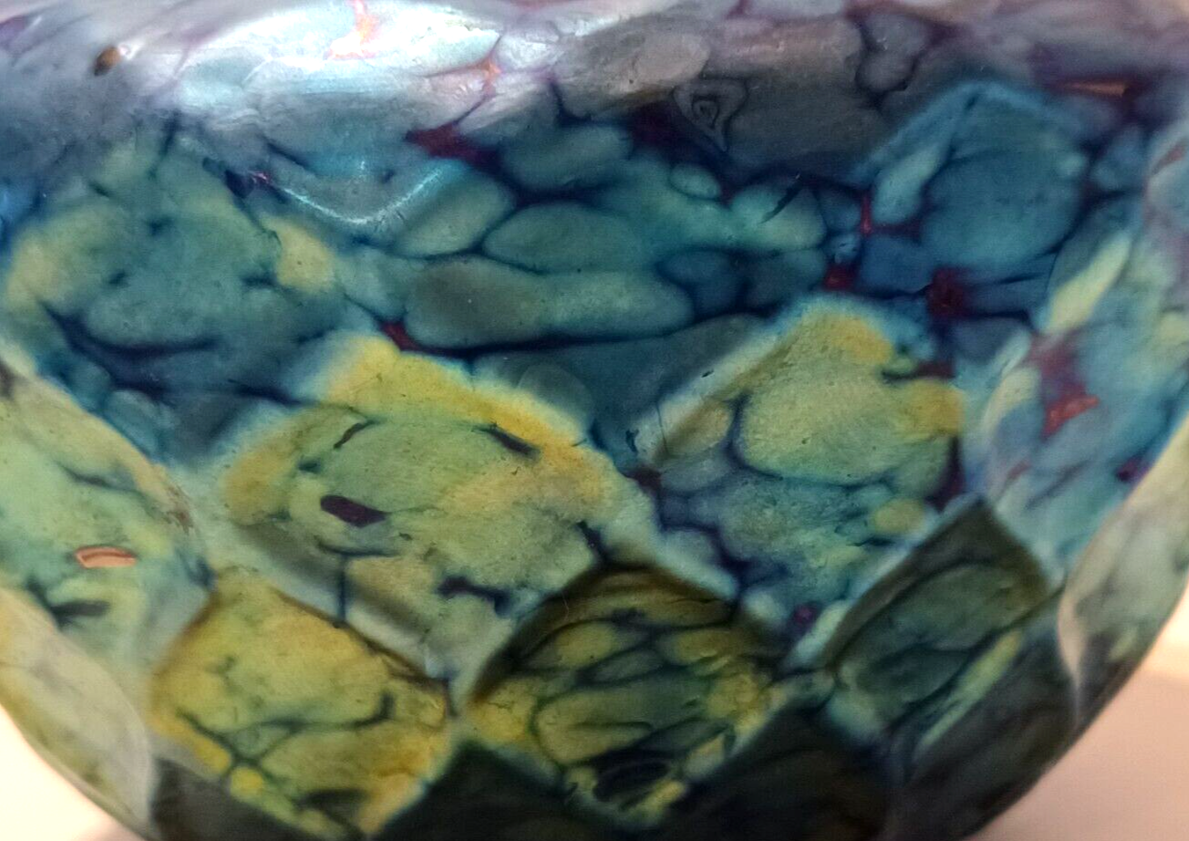 LUNDBERG Studios Art Glass Blue Iridescent Indian Basket Bowl 4 1/2" image 6