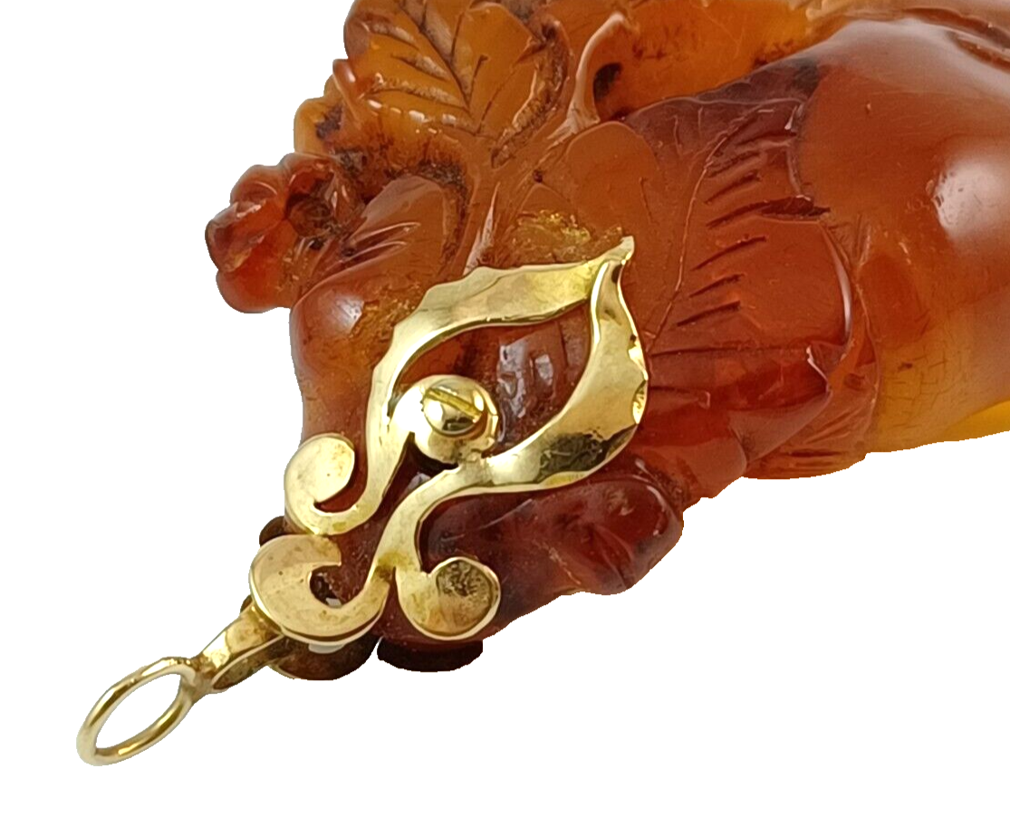 RARE One of a Kind! Large Antique Carved Butterscotch Amber & 14K Gold Pendant image 9