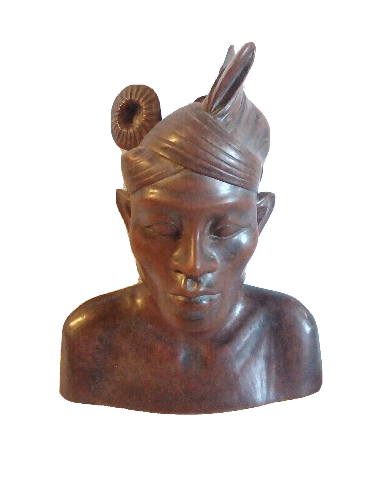 Antique African Woman Wood Carved Tribal Bust Headpiece w/ Flower Sculpture image 0