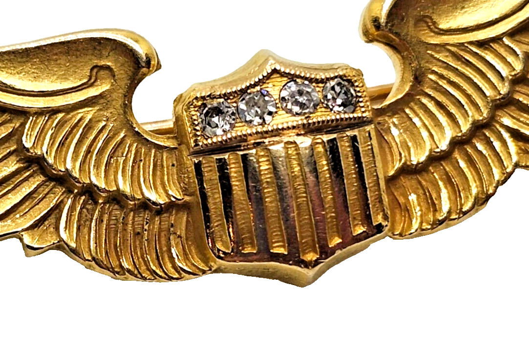 WWII Original US Air Force Pilot Wings Diamond & 10k Yellow Gold Pin image 3