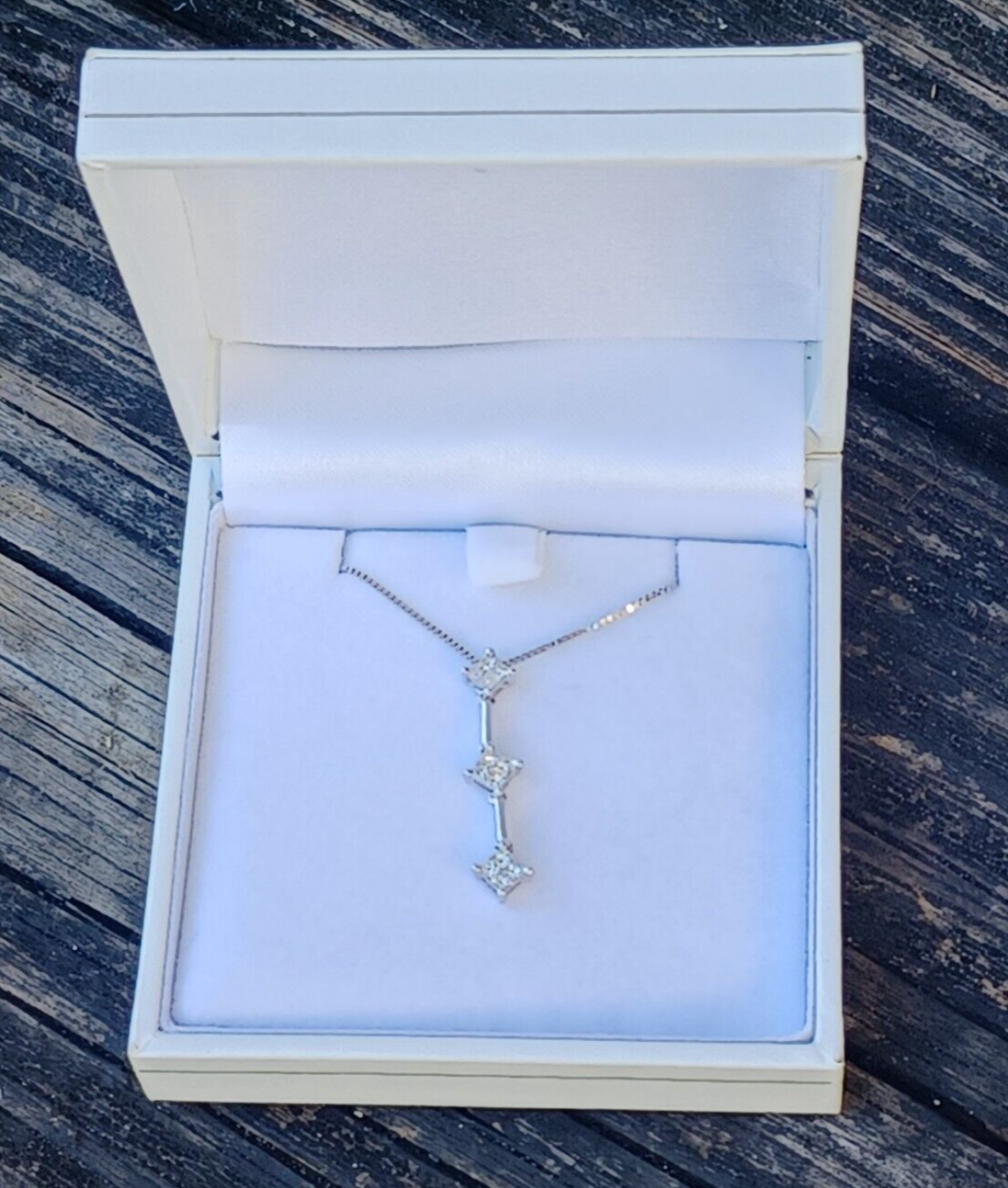 1.2CT Princess 3 Stone Diamond 14K Pendant w/ 14K White Gold Box Chain image 1