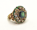 Green Zircon, Diamond Halo & Enamel Scroll Fleur-de-Lis 14k Gold Cocktail Ring image 0