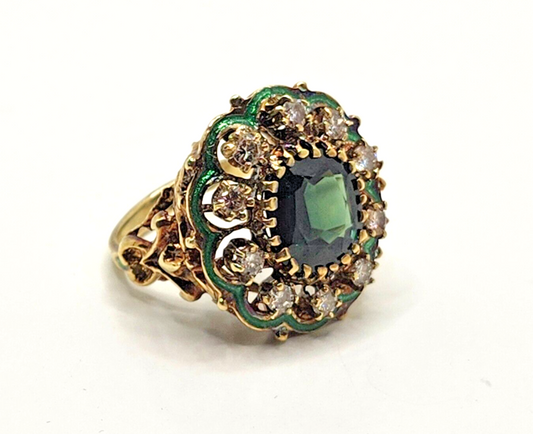 Green Zircon, Diamond Halo & Enamel Scroll Fleur-de-Lis 14k Gold Cocktail Ring image 0