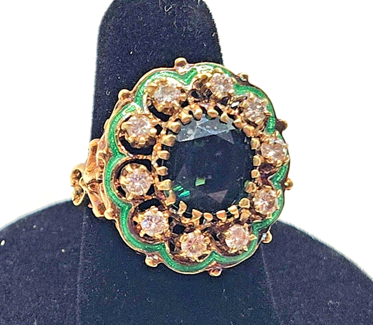 Green Zircon, Diamond Halo & Enamel Scroll Fleur-de-Lis 14k Gold Cocktail Ring image 10