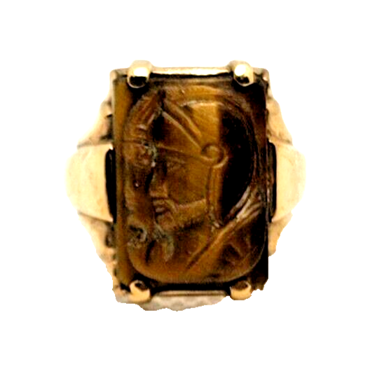 Men's Antique Carved Tigers Eye Intaglio 10K Yellow Gold Ring image 5