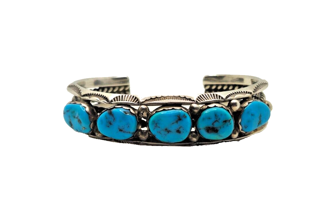 Native American Navajo 5 Turquoise & Sterling Silver Cuff Bracelet Signed image 1