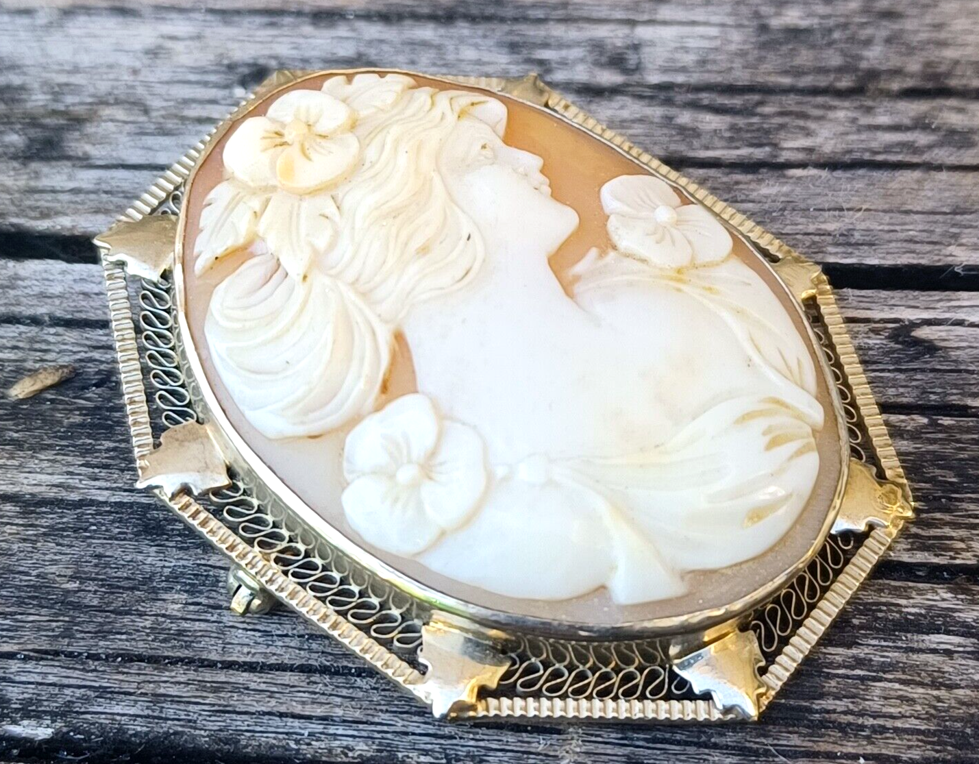 Antique Victorian Carved Shell Cameo w/ Flowers 14K White Gold Pin / Pendant image 2