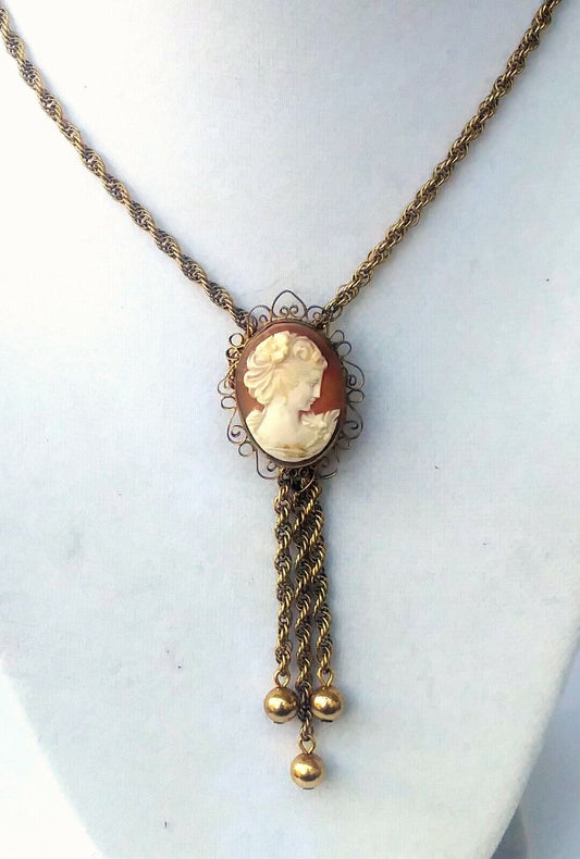 Antique Victorian Shell cameo & Gold Filled Rope Chain Bolo Style Necklace image 0