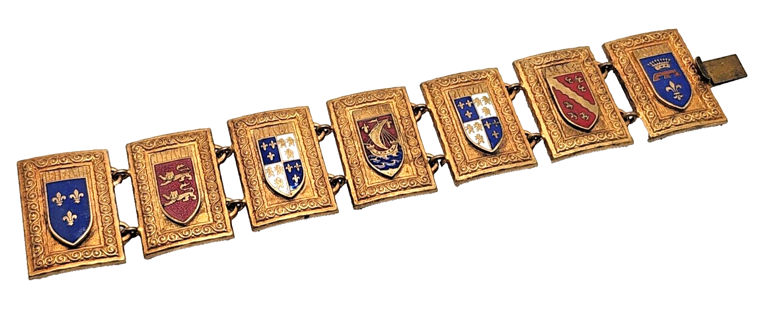 Vintage 1940s WWII French 7 Panel Coat of Arms Enamel Normandie Shield Bracelet image 0
