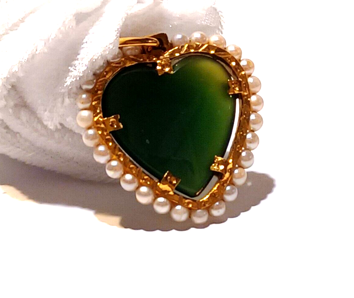 Imperial Jade Jadite Heart 18K Yellow Gold & Pearl Pendant image 3