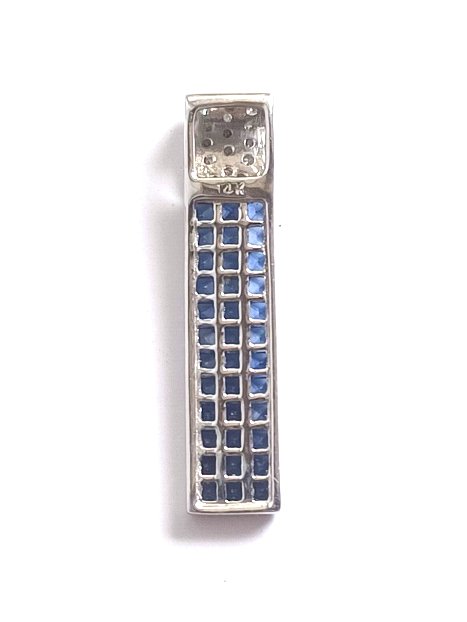 Estate 2.25 Ct Diamond & Ceylon Blue Sapphire 14K White Gold Bar Pendant image 9