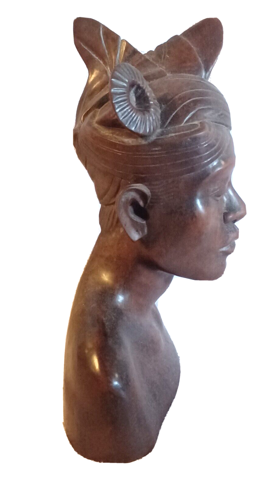 Antique African Woman Wood Carved Tribal Bust Headpiece w/ Flower Sculpture image 5