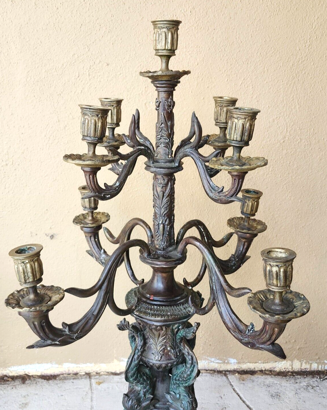 Vintage Tall Bronze & Marble Chinese Dolphin 9 Arm Candelabra Signed V. Chenin image 1