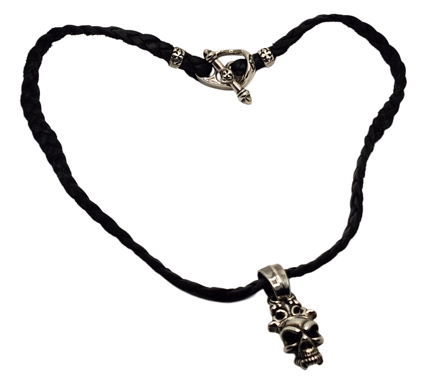 BWL Bill Wall Leather Sterling Half Skull w/ Crown Pendant on Braided Necklace image 0