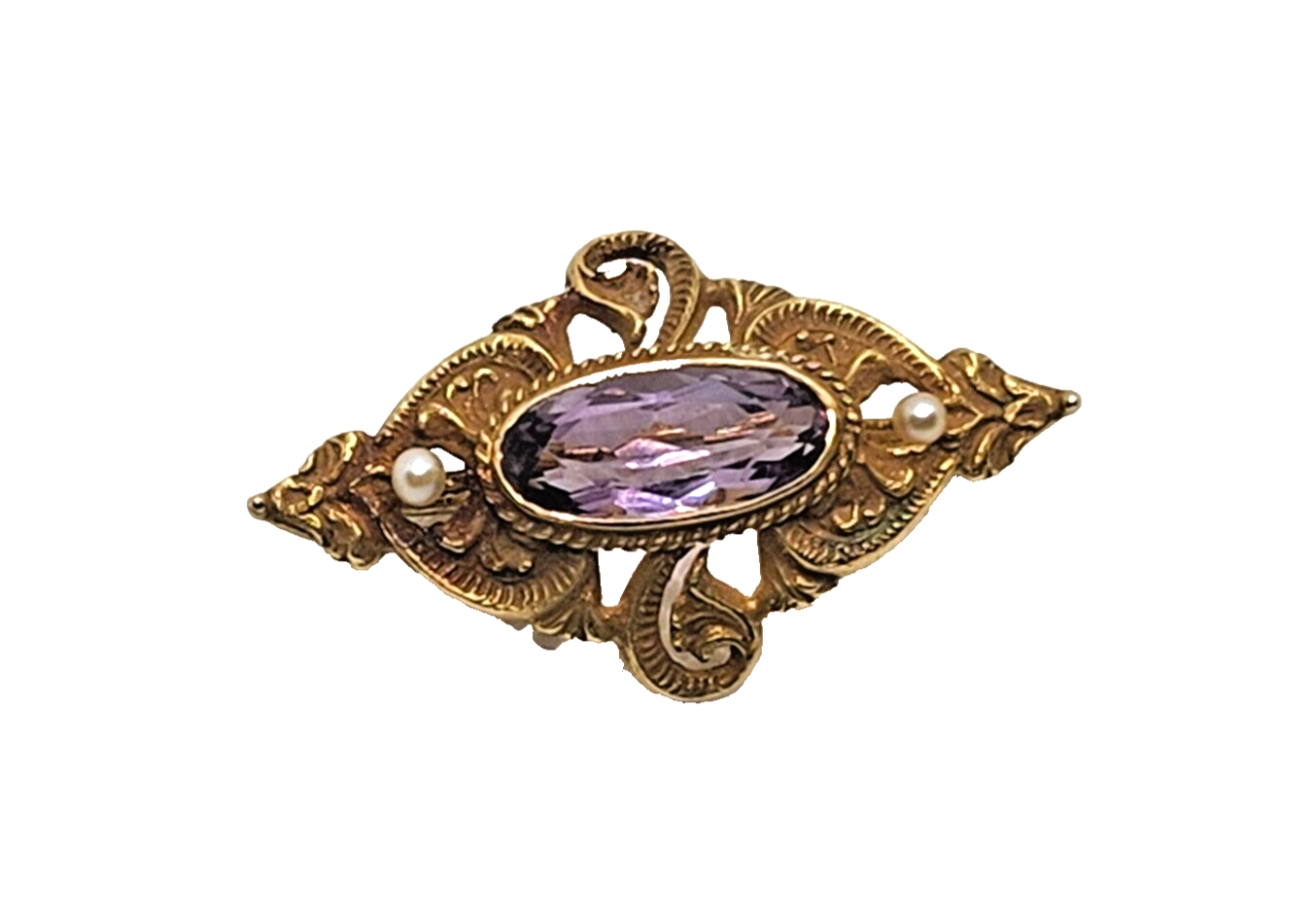 Antique Victorian Amethyst Pearl & 14k Yellow Gold Bar Pin Brooch image 0