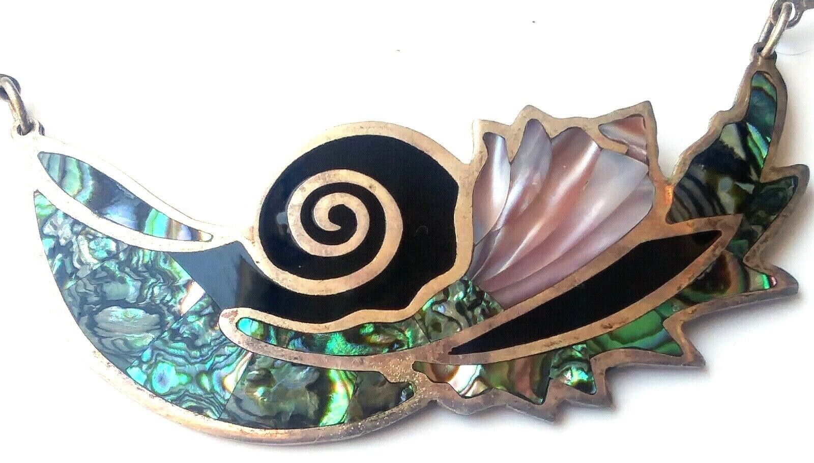 Vintage Artisian Mexico Sterling Silver Abalone Onyx & MOP Necklace by Nia image 2