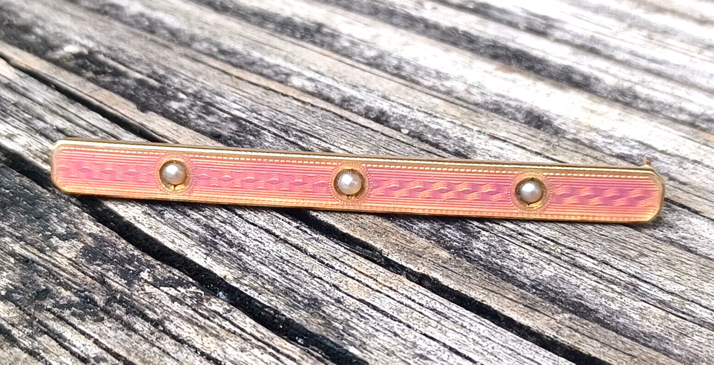 Antique Pink Enamel Guilloche Victorian Seed Pearl 14K Yellow Gold Bar Pin image 1
