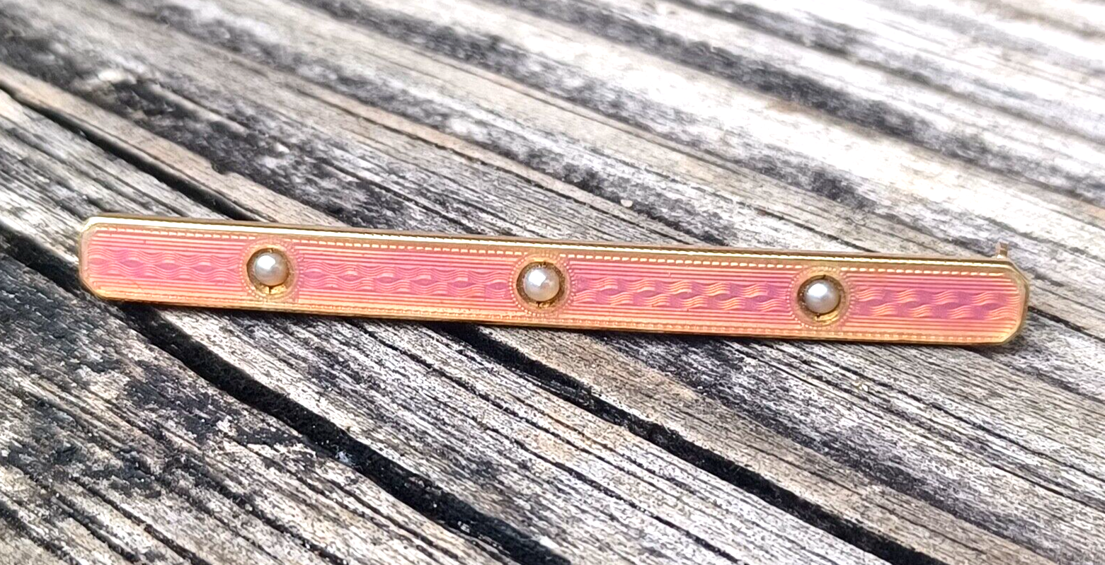 Antique Pink Enamel Guilloche Victorian Seed Pearl 14K Yellow Gold Bar Pin image 1