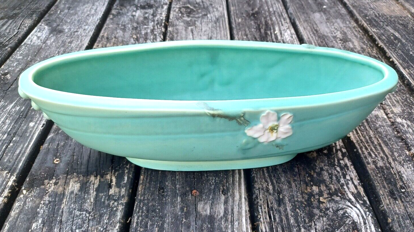 Rare Antique Weller Pottery Turquoise Wild Rose Large Oblong Planter Centerpiece image 5