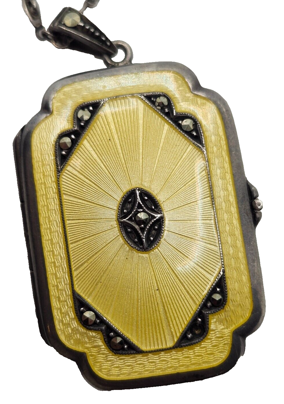 Antique Sterling Silver Guilloche Enamel Long Link Chain w/ Matching Locket image 5