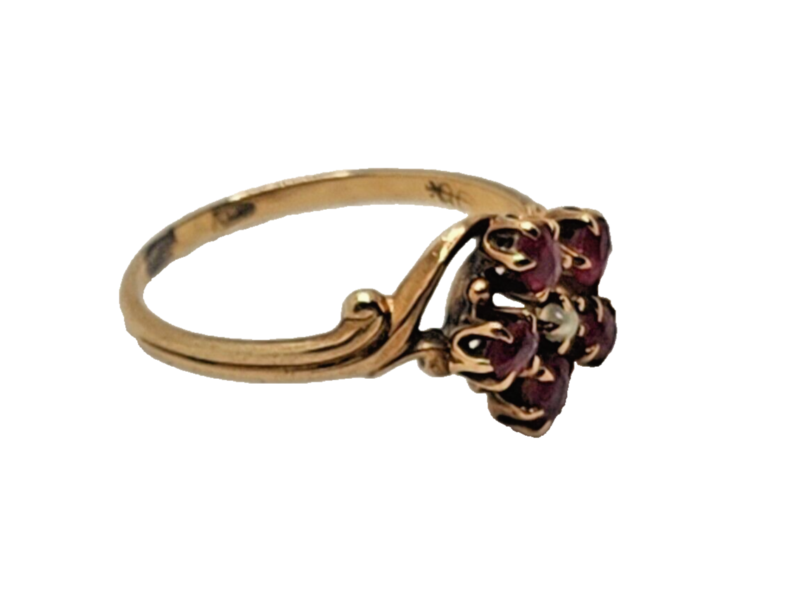 Antique Ruby & Seed Pearl Flower 10K Yellow Gold Ring image 5